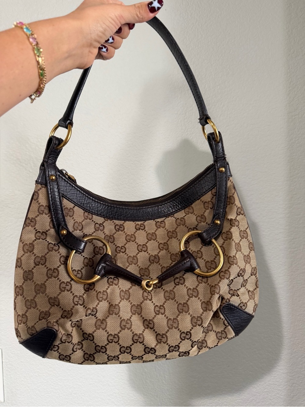 Gucci horsebit tom ford era Monogram Canvas Shoulder Bag - Brown